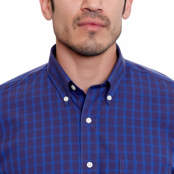 New Kirkland Signature Men’s Traditional Fit Dress Shirt, Non-Iron Navy Plaid - Picture 3 of 5